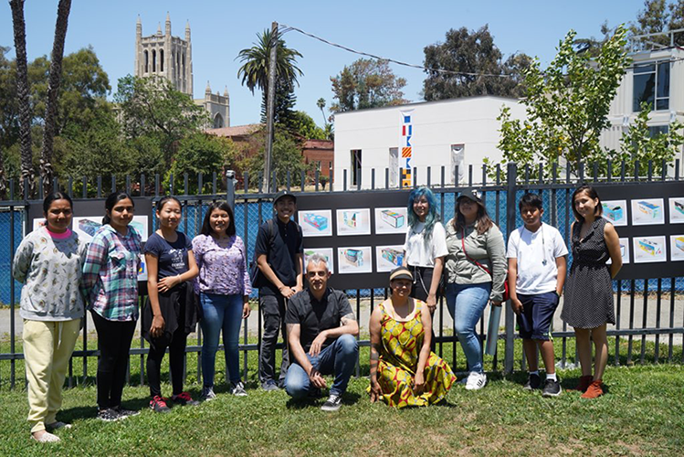 HOLA Summer 2019 Public Art Residency Program students pose with local artists Carolina Caycedo and David de Rozas